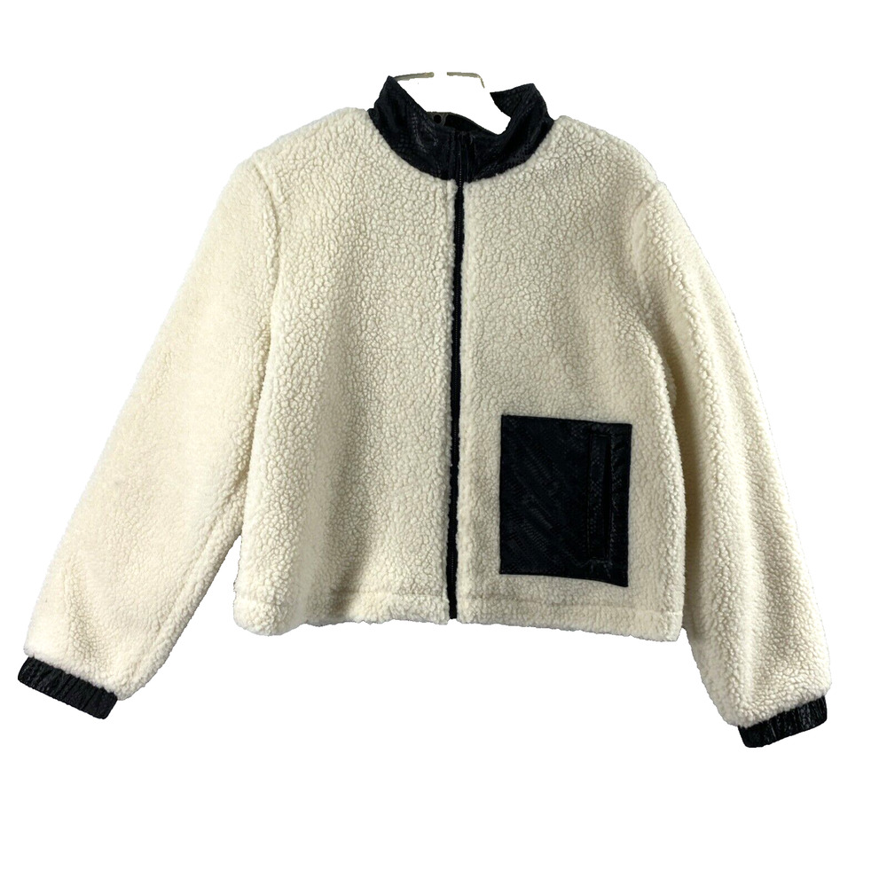 Juicy Couture Sherpa Jacket Womens Medium Ivory Black Trim Full Zip Coat Outdoor